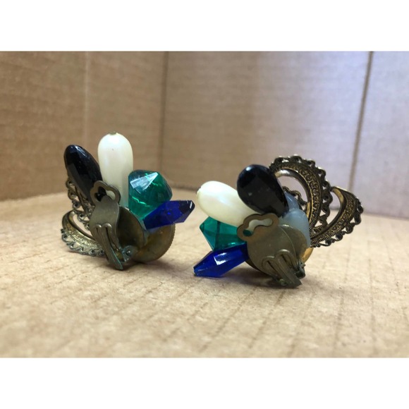 Vintage Clip On Earrings Peacock Ornate Blue Green Pearl Elegant - Picture 5 of 8